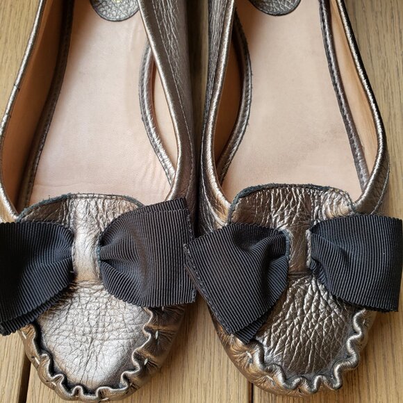 EUC Kate Spade NY Leather Ballet Flats Loafer Moccasin w/ Bow Metallic Gold (7) - Picture 9 of 10